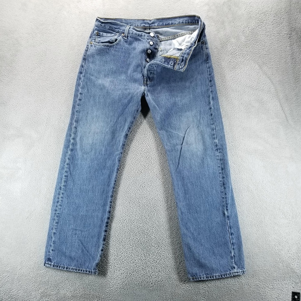 Levis 501 Jeans Mens 36x30 Blue Straight Button Fly Medium Wash Faded‎
